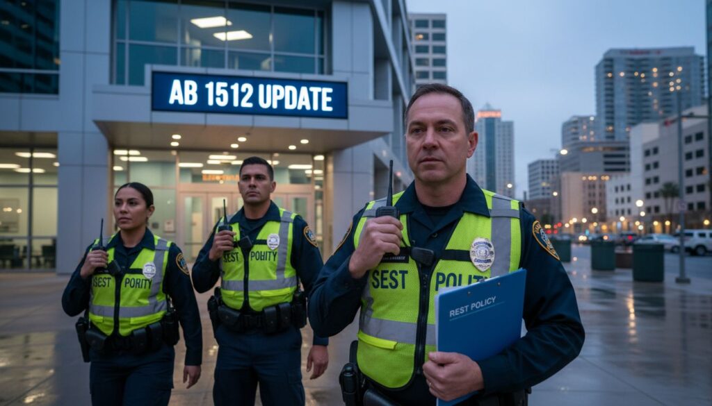 Anaheim officers outside office building at dusk