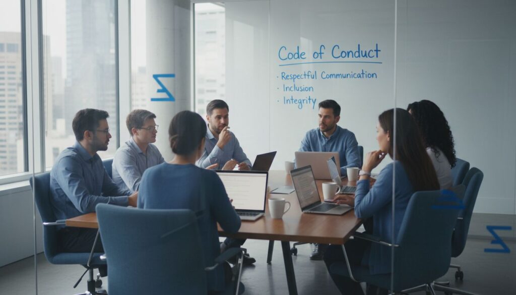 Diverse team meets in tech startup office