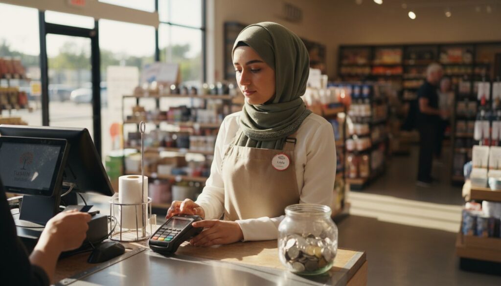Retail worker in hijab at Tustin store