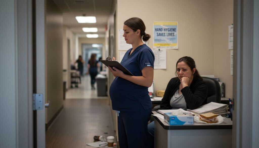 Pregnant nurse in discussion with supervisor