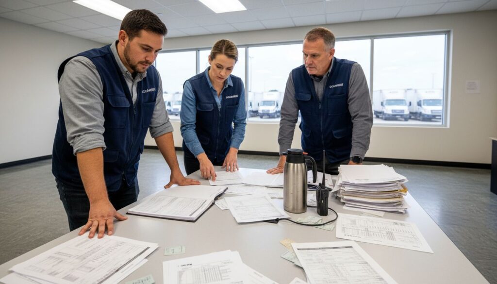Logistics team reviewing payroll documents