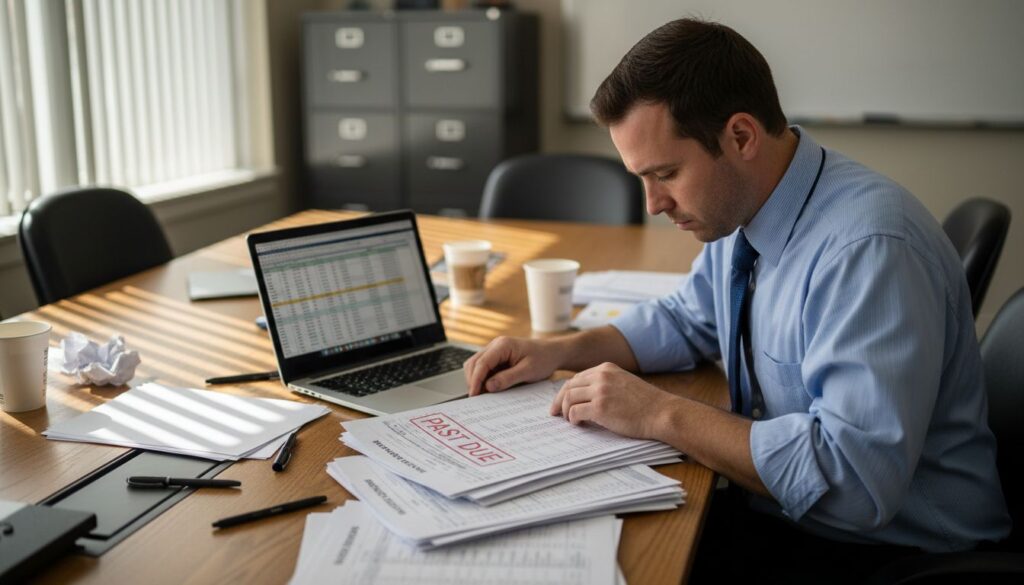 Sales manager reviewing unpaid commission forms