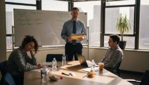 Office manager meets with tired employees