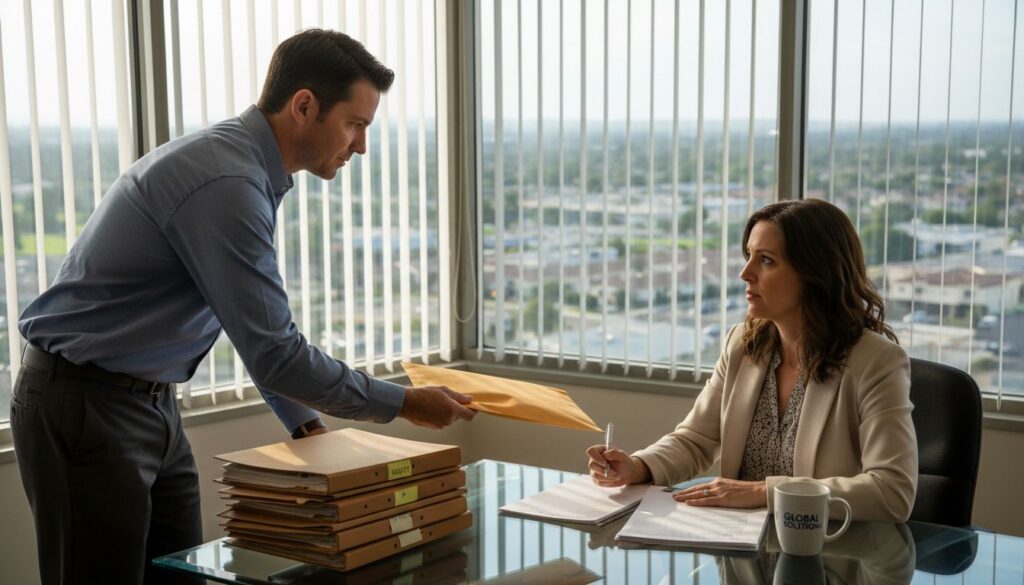 Employee submitting report in corner office