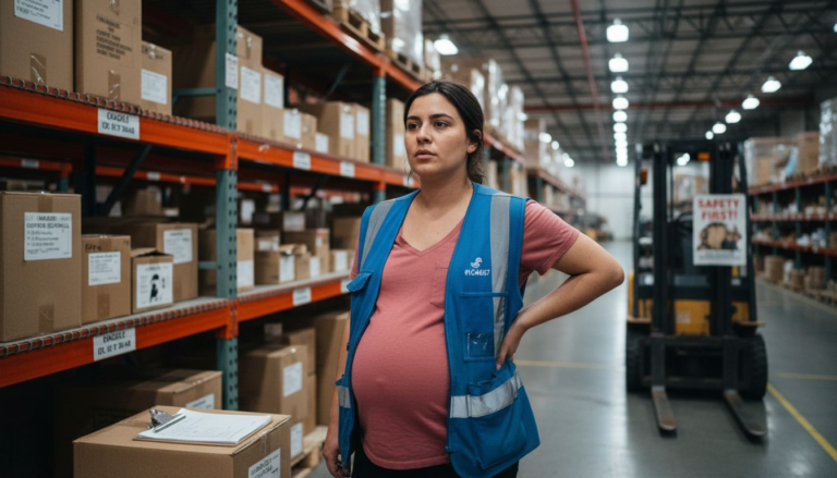 Pregnant worker stacking boxes in warehouse aisle