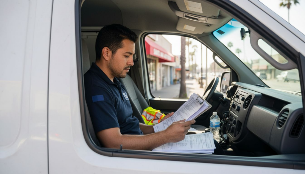Delivery driver in Santa Ana reviews documents