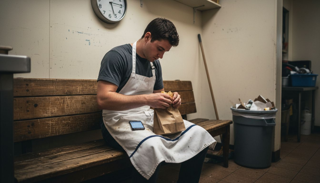 Line cook on short meal break in kitchen