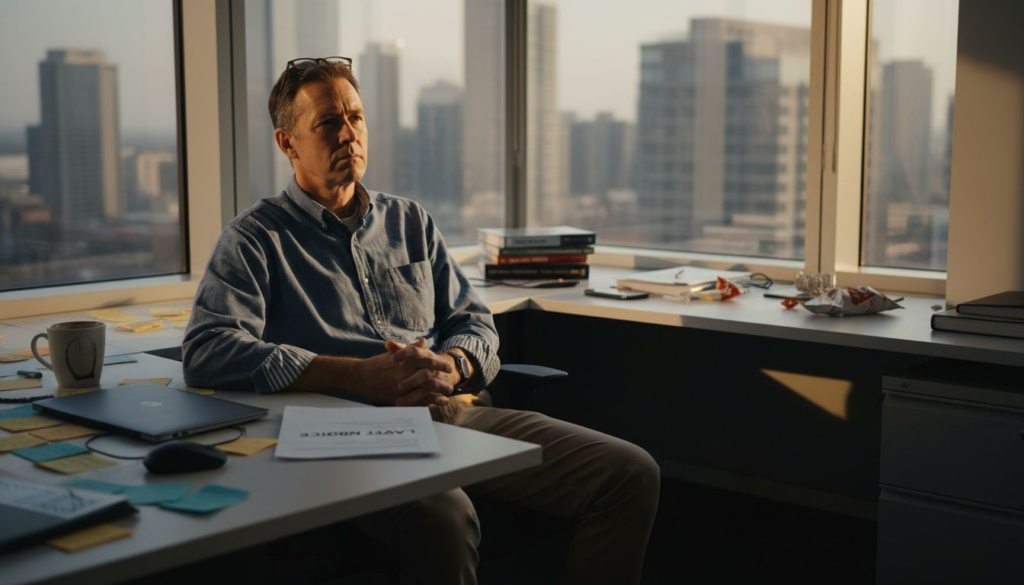 Older engineer reading layoff notice in tech office