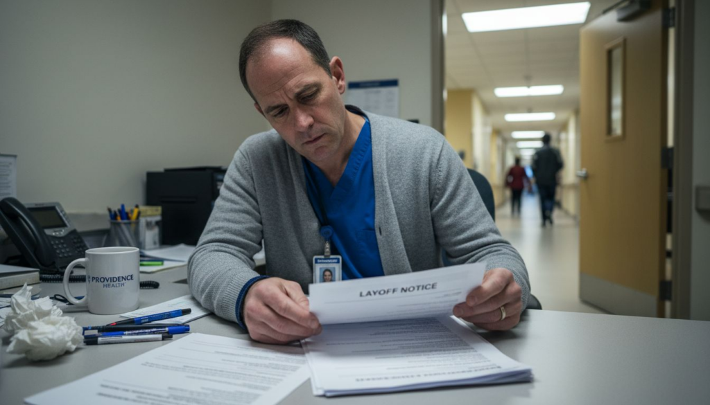 Hospital worker reviewing layoff notice at desk