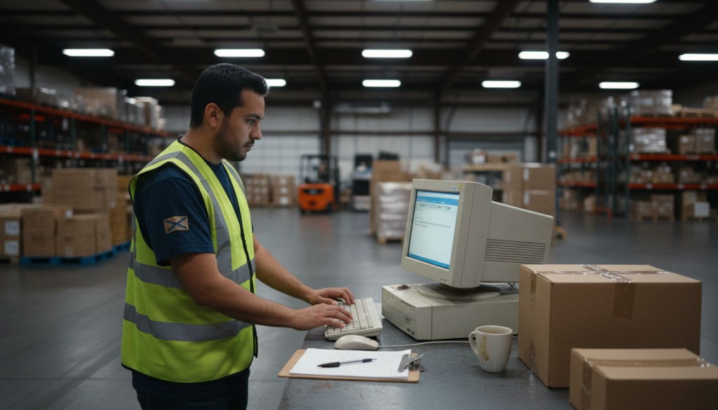 Warehouse worker typing OSHA complaint form