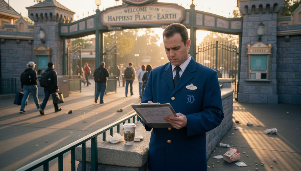 Disneyland worker checking shift schedule outside