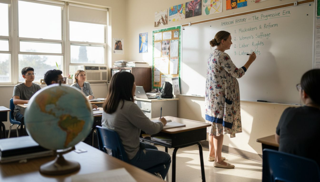 Pregnant teacher writing on classroom whiteboard