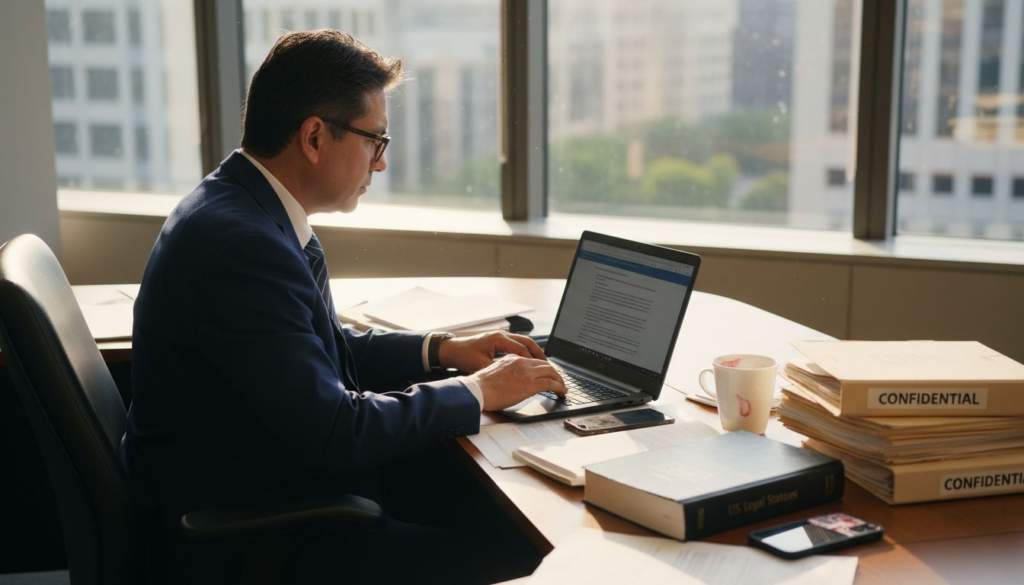 Businessman preparing whistleblower report at desk