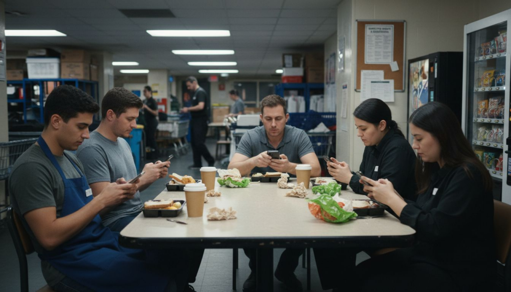 Hospitality staff taking break in hotel break room