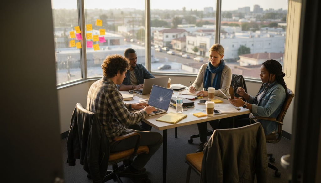 Startup team meeting in Costa Mesa office