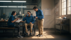 Employees in factory office discussing accommodations