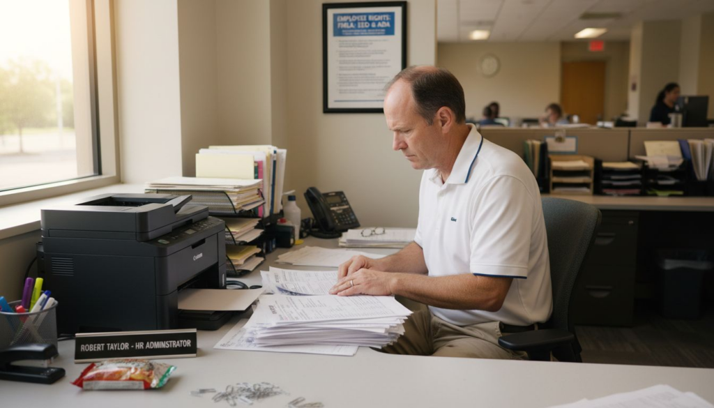 Healthcare admin reviewing FMLA paperwork in office