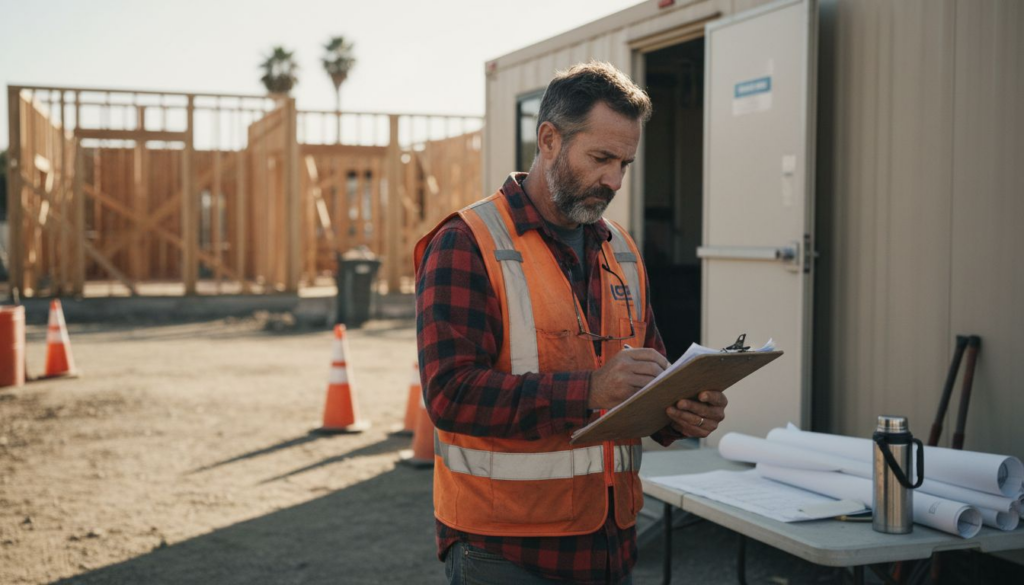 Foreman with paperwork at California construction site