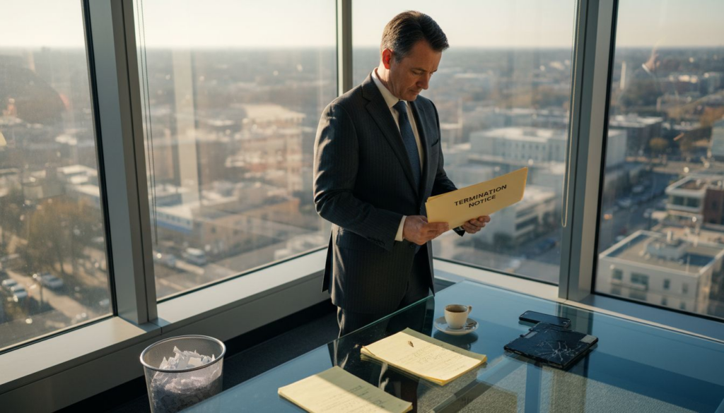 Executive holding termination notice in office