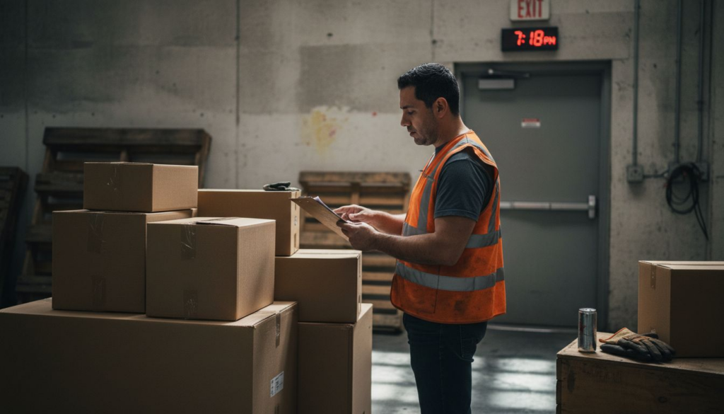 Logistics worker reviewing overtime tasks near warehouse bay