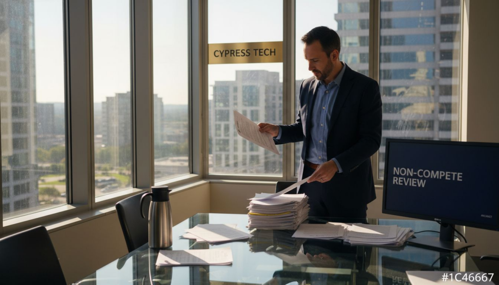 Attorney reviewing legal documents in tech office