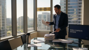 Attorney reviewing legal documents in tech office