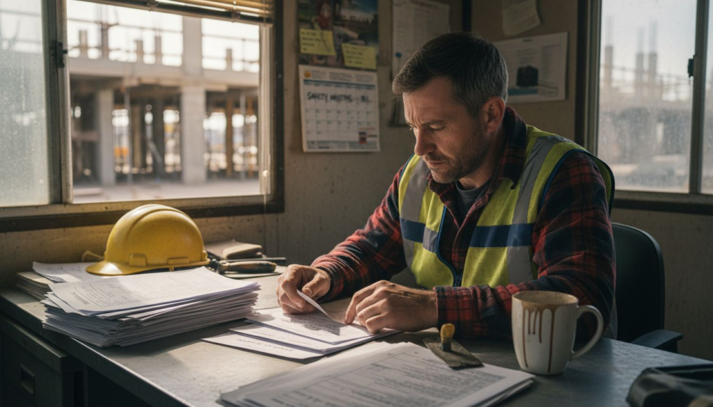 Foreman reviewing construction safety reports