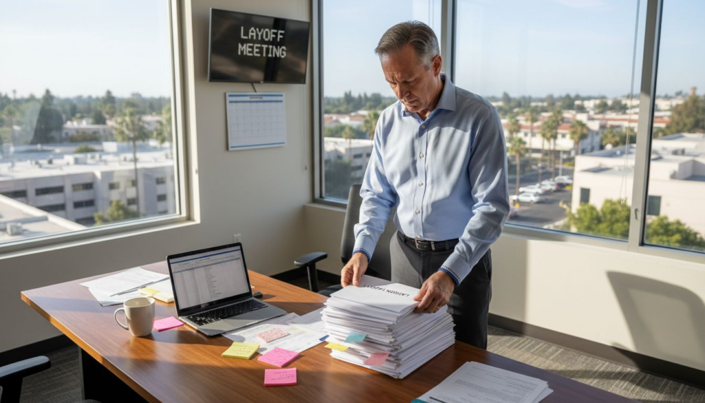 Tech manager prepares layoff notices in Irvine office
