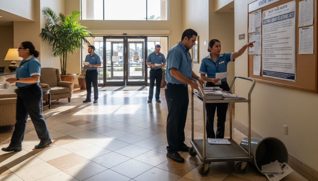 Hotel workers distributing union flyers in lobby