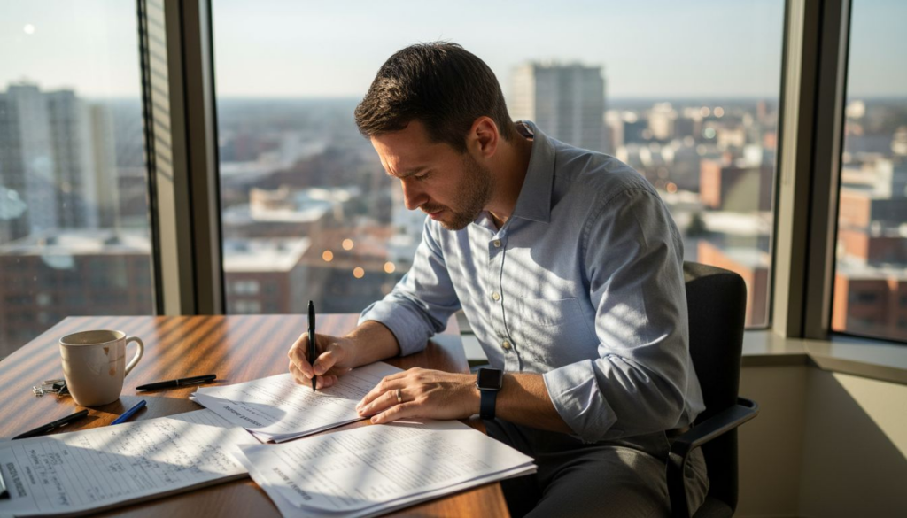 Office worker signing employment paperwork
