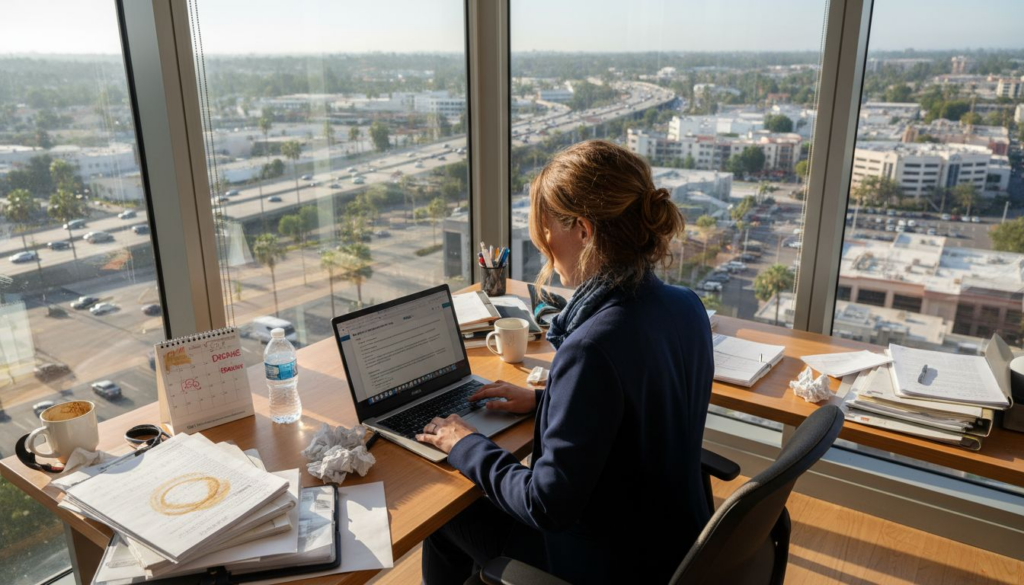 Employee reviewing email in Costa Mesa office