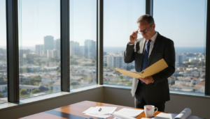 Executive reviewing contract in Newport Beach office