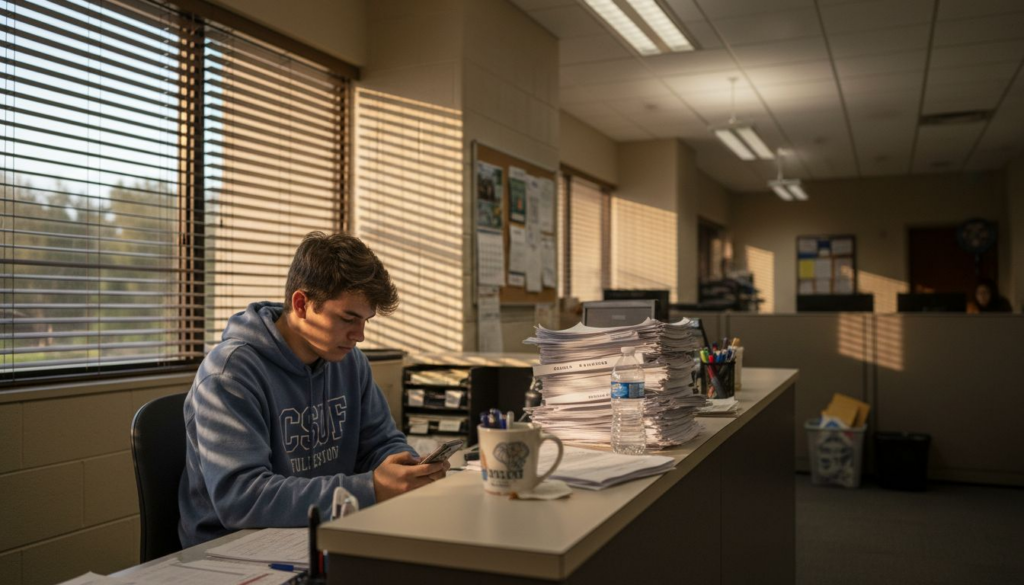 Student worker at campus office desk