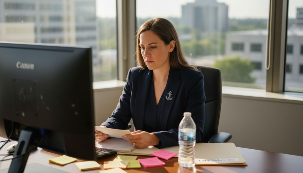 Woman documenting complaint in Lake Forest office