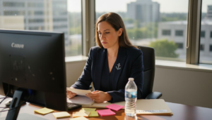 Woman documenting complaint in Lake Forest office