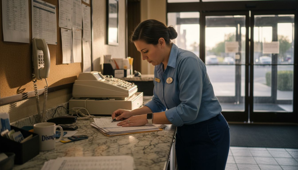 Hotel clerk reviewing overtime paperwork at counter
