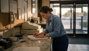 Hotel clerk reviewing overtime paperwork at counter