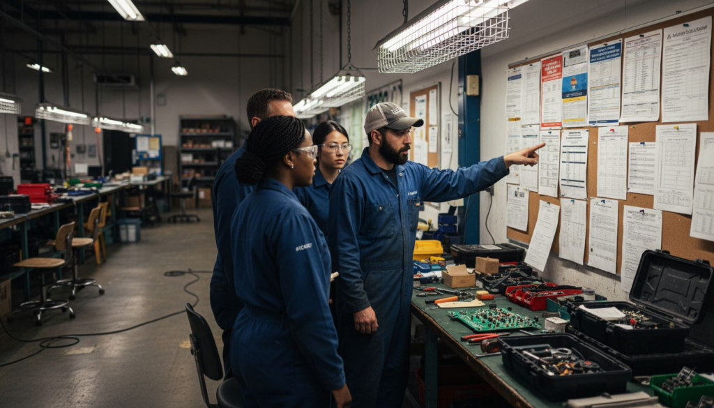 Diverse workers discussing in Garden Grove factory