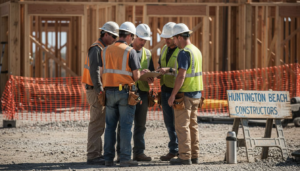 Construction crew in safety briefing outdoors