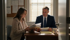 Staff member consults lawyer in university office