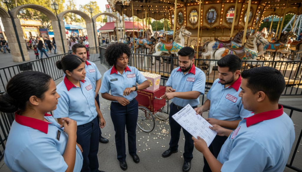 Amusement workers gather near carousel Buena Park