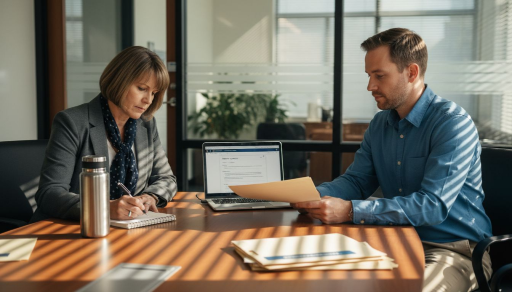 Employee submitting disability document to HR manager