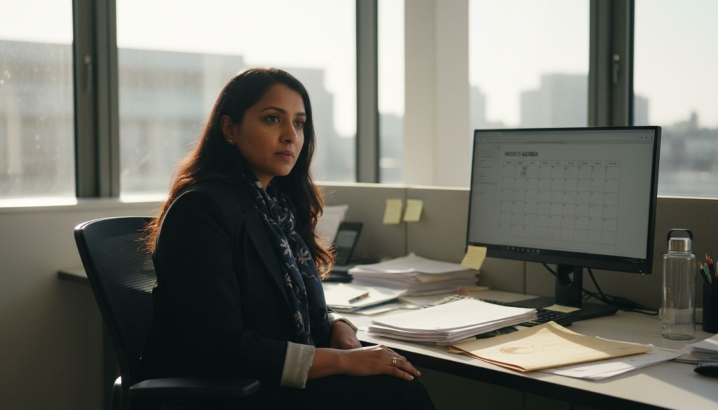 Employee checking schedule in shared office