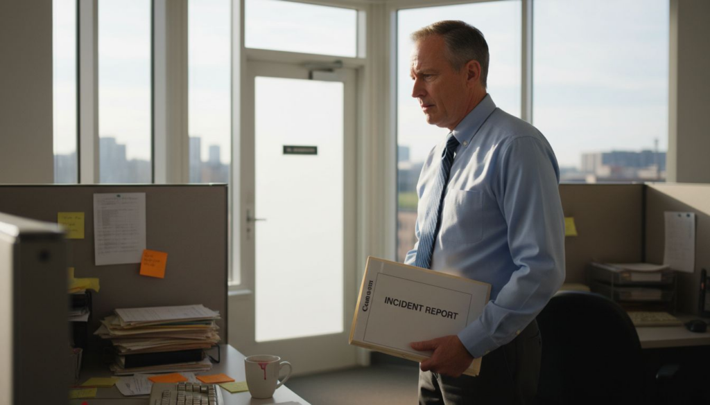 Employee holding report in tense office