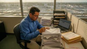 Worker reviewing tax forms in Placentia office