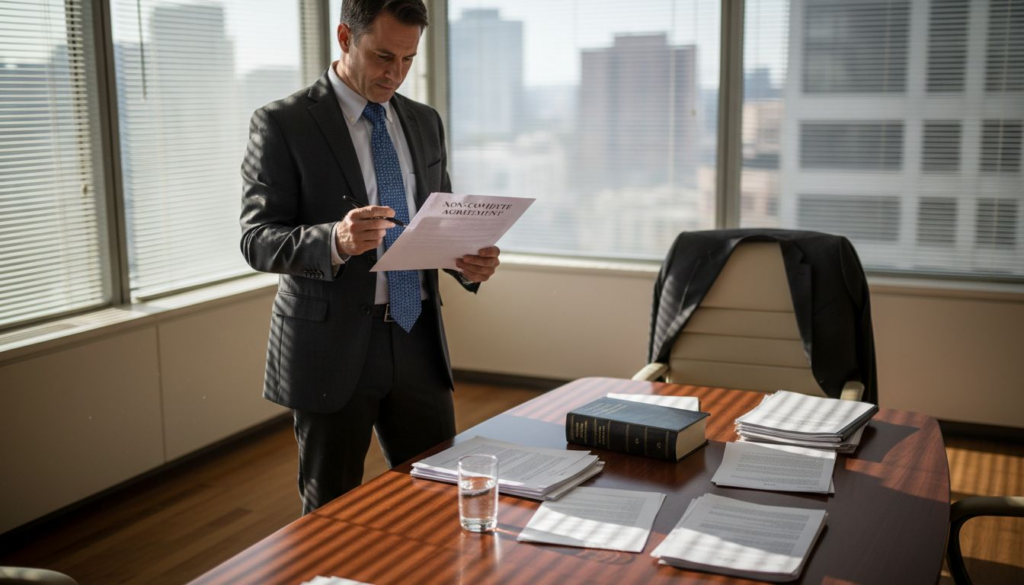 Attorney reading non-compete agreement in corner office