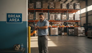 Warehouse worker checks watch by break area