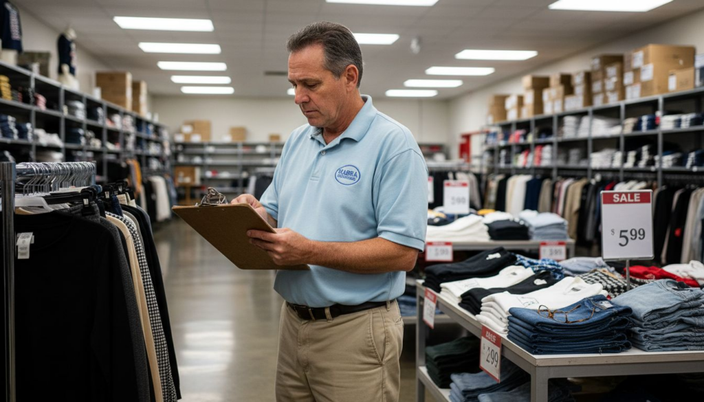 Older retail worker checking inventory in store