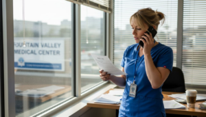 Nurse reviewing medical leave in office