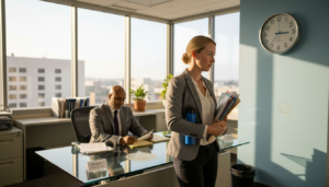 Employee leaving HR office after termination